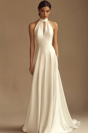 White Halter Satin A Line Backless Formal Dress